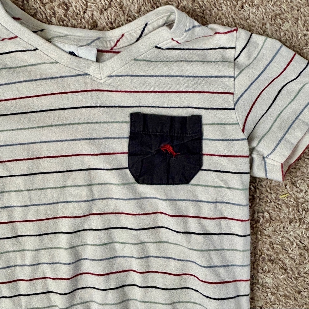 Tommy Bahama Toddler Multi Color Striped V-Neck Pocket T-Shirt I White Navy Red - Picture 2 of 4